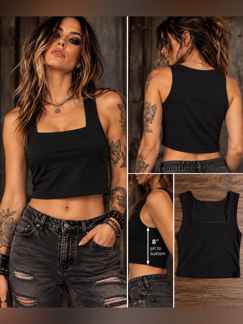 Black Square-Neck Cropped Tank Top